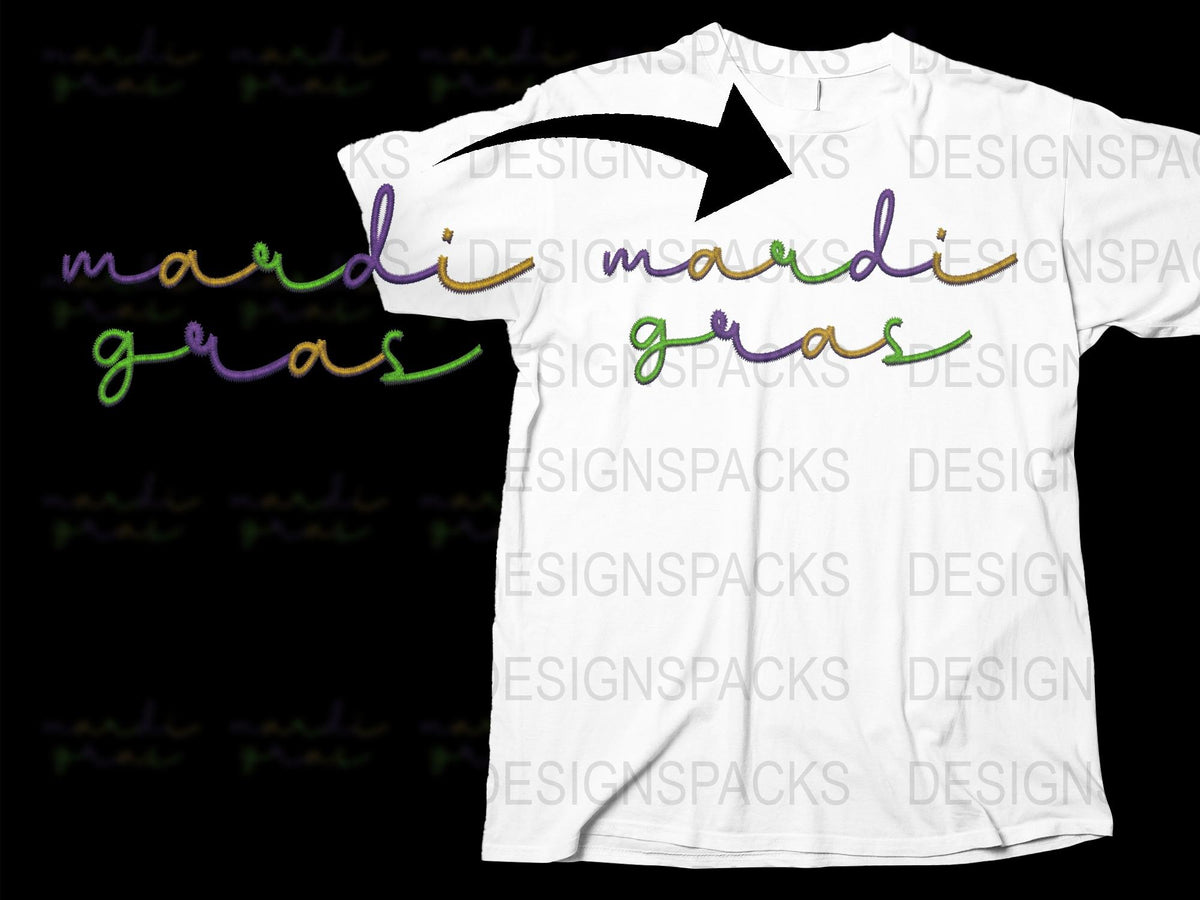 Mardi Gras Festival T-Shirt, Colorful Script, Purple Green Gold, Carnival Celebration Apparel, Unisex Crew Neck Shirt