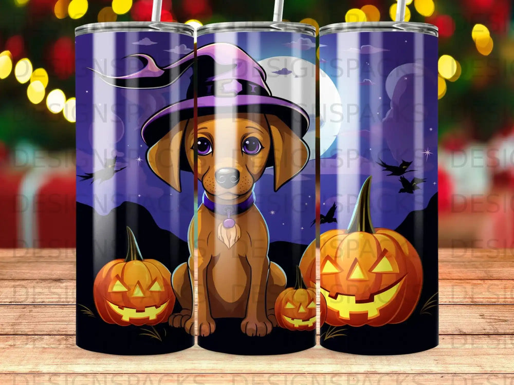 Brown puppy in witch hat sits with carved pumpkins under moonlit sky.