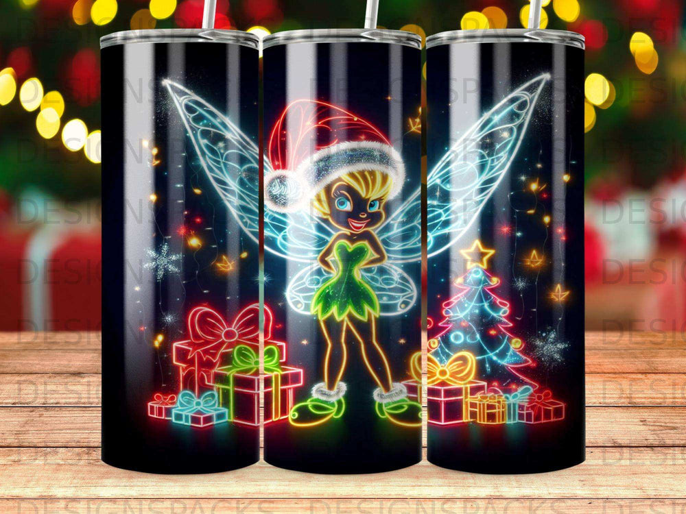 Tinkerbell in Santa hat with Christmas tree and gifts, neon holiday design.