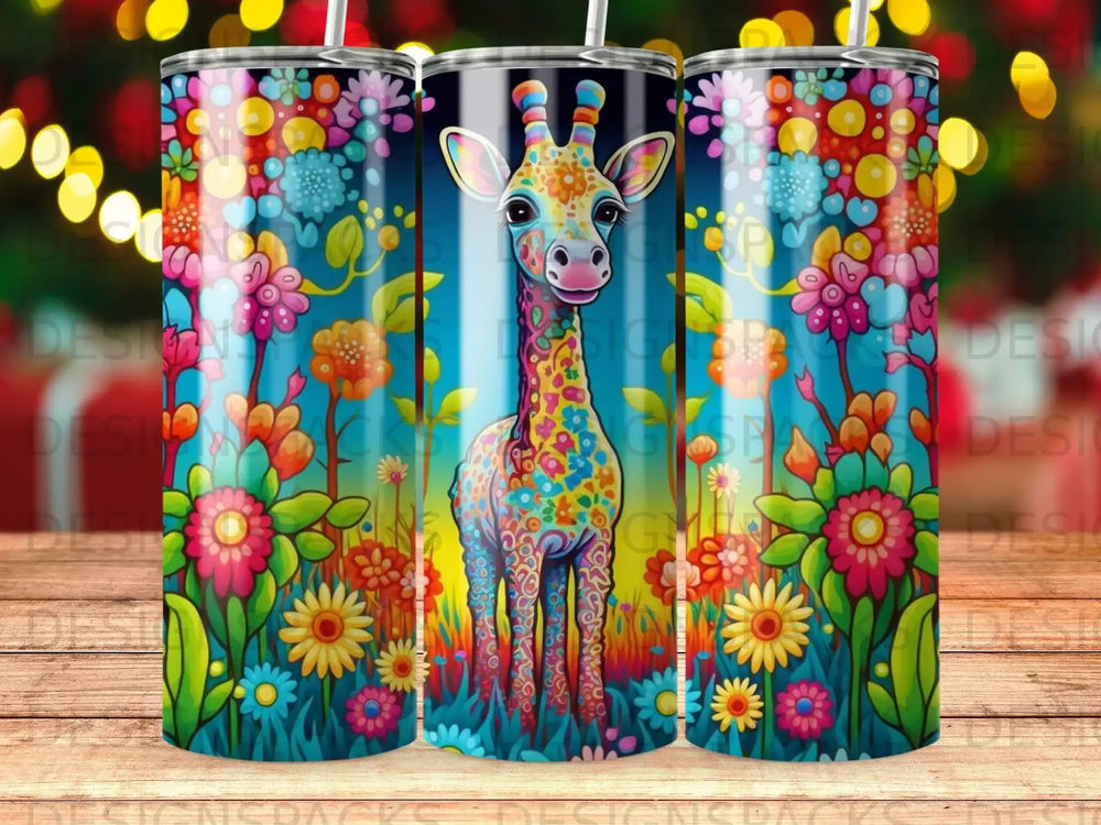 Colorful giraffe in a vibrant floral landscape on a tumbler.
