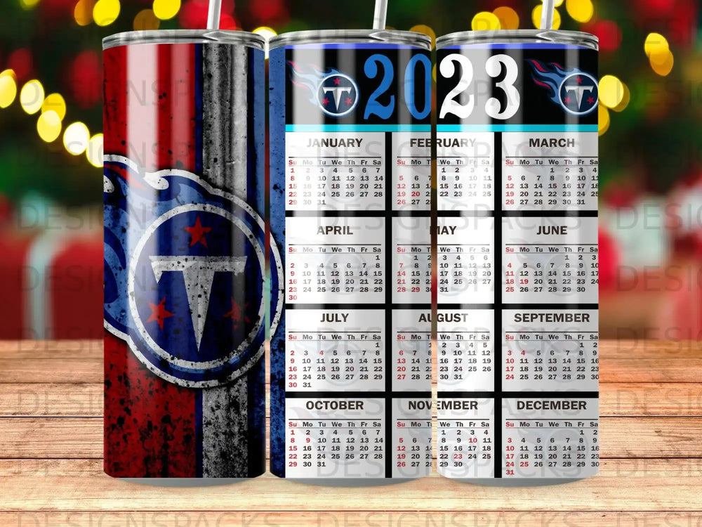 2023 calendar tumbler featuring the Tennessee Titans logo.