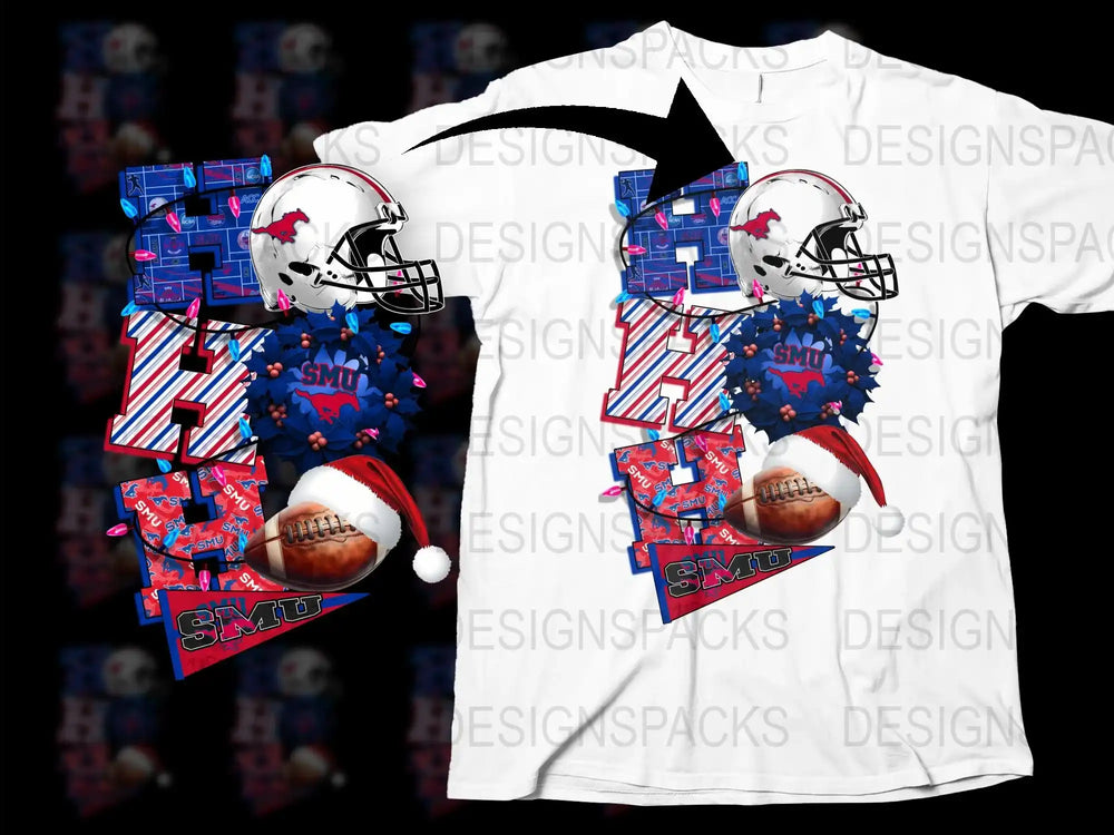 SMU Football T-Shirt, Patriotic Design, College Sports Tee, Santa Hat Helmet, Graphic Print Shirt, Casual Wear, Fan Apparel