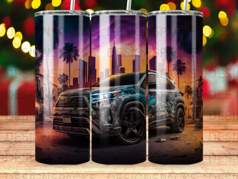Blue and teal car with city skyline and palm trees graphic on tumbler.