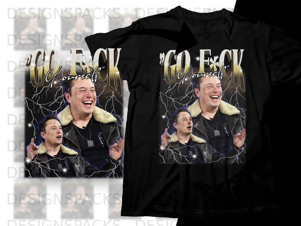 Black t-shirt featuring Elon Musk with lightning graphic and "GO F*** Yourself" text.