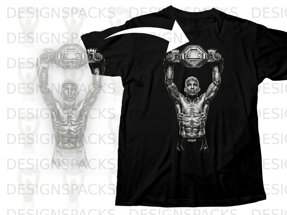 Black t-shirt featuring a detailed graphic of a muscular UFC fighter holding up a championship belt.