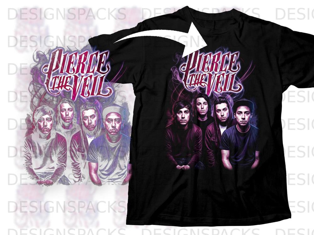 Black t-shirt featuring "Pierce The Veil" band logo and stylized band members.