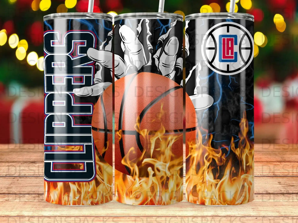 Los Angeles Clippers logo and basketball with flames on tumbler.