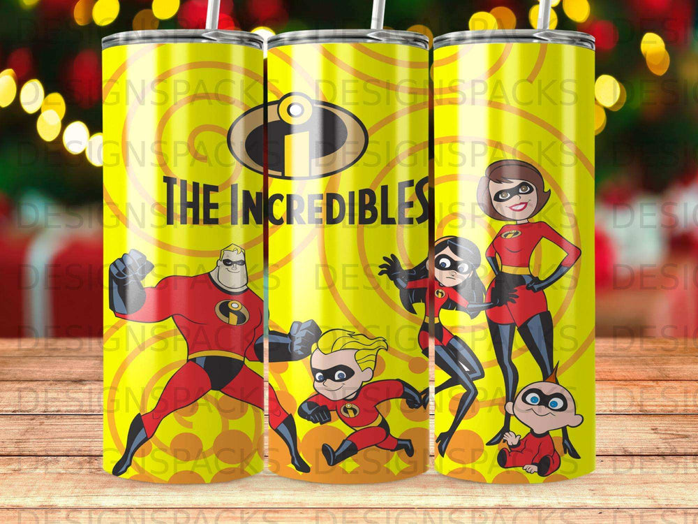 The Incredibles characters and logo on a yellow, striped tumbler.