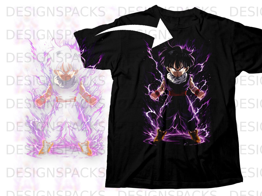 Black t-shirt featuring an anime character with purple lightning effects.