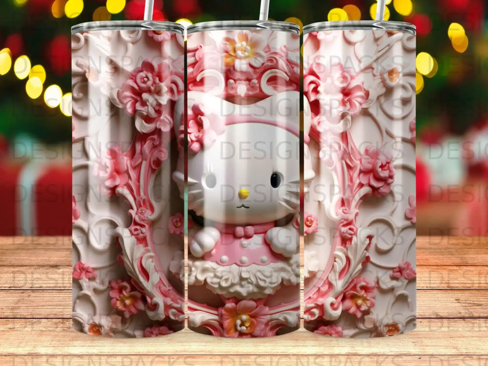 Hello Kitty in pink dress surrounded by ornate floral pink and white design.