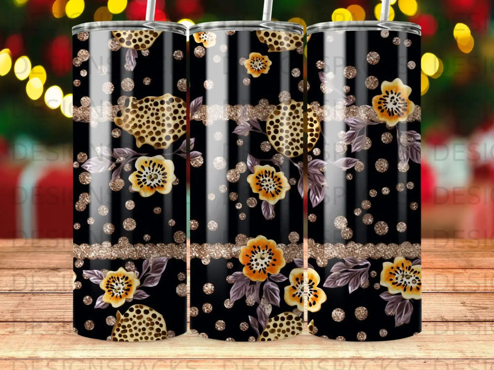 Black tumbler with leopard print, floral patterns, and glitter accents.