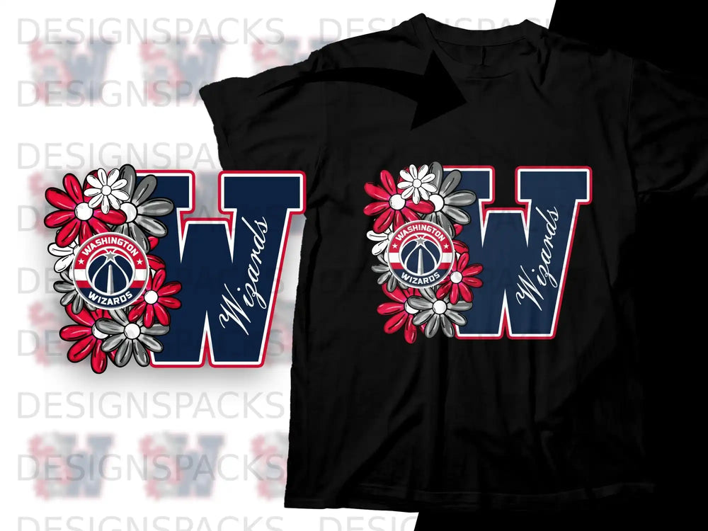 Washington Wizards logo with flowers on black t-shirt.
