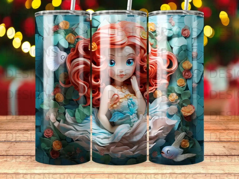 Mermaid with curly red hair surrounded by flowers and a small bird.