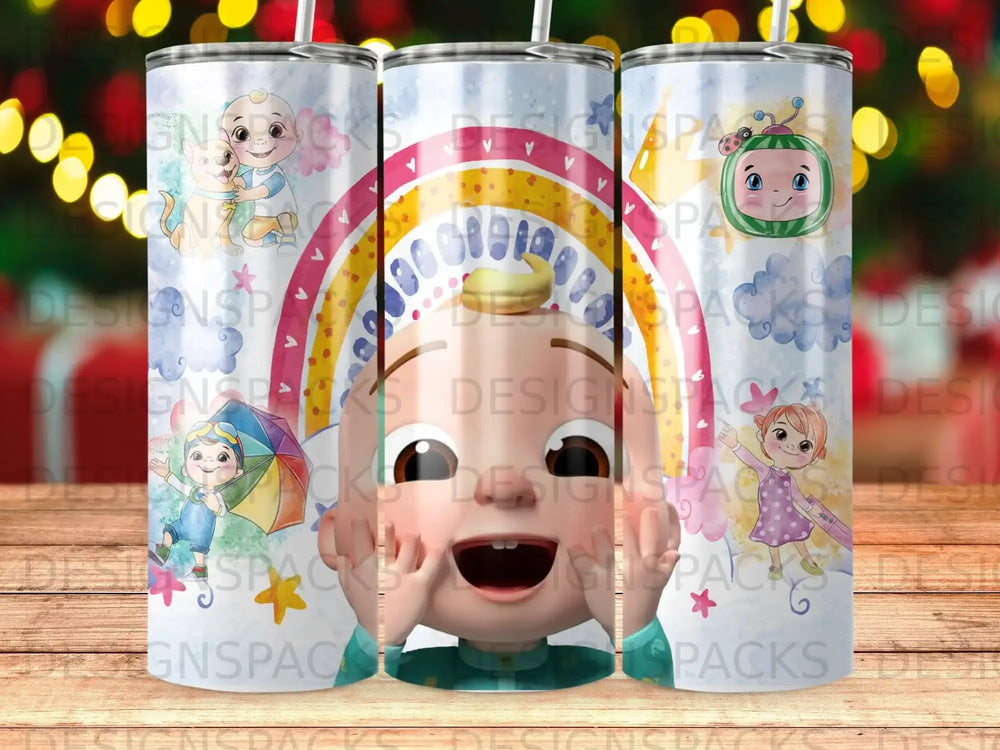 CoComelon characters on a rainbow and cloud background.