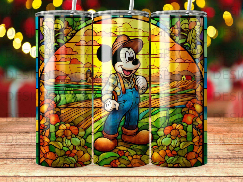 Mickey Mouse in overalls and a hat against a stained-glass farm landscape.