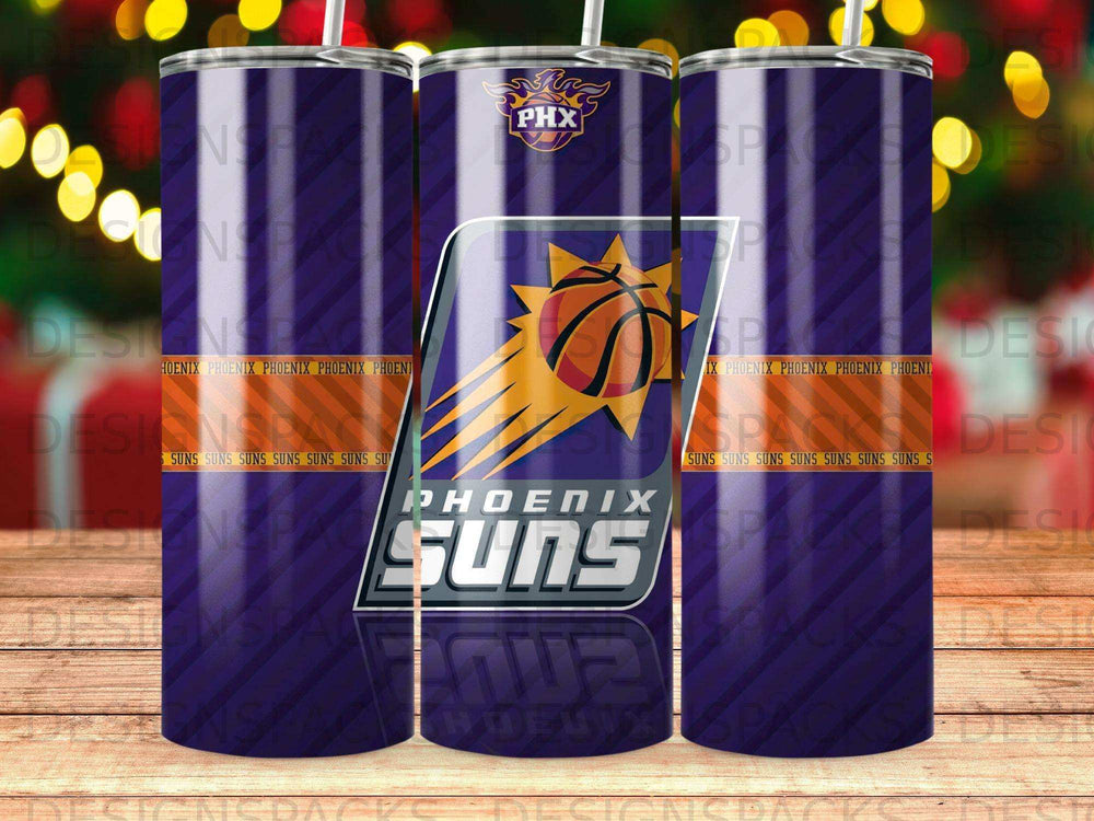 Phoenix Suns logo on a purple tumbler with repeated Suns text.