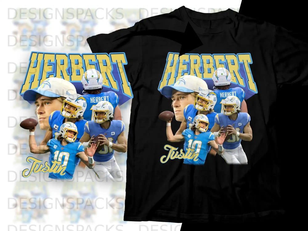 Justin Herbert with "HERBERT" and "Justin" text on a black t-shirt.
