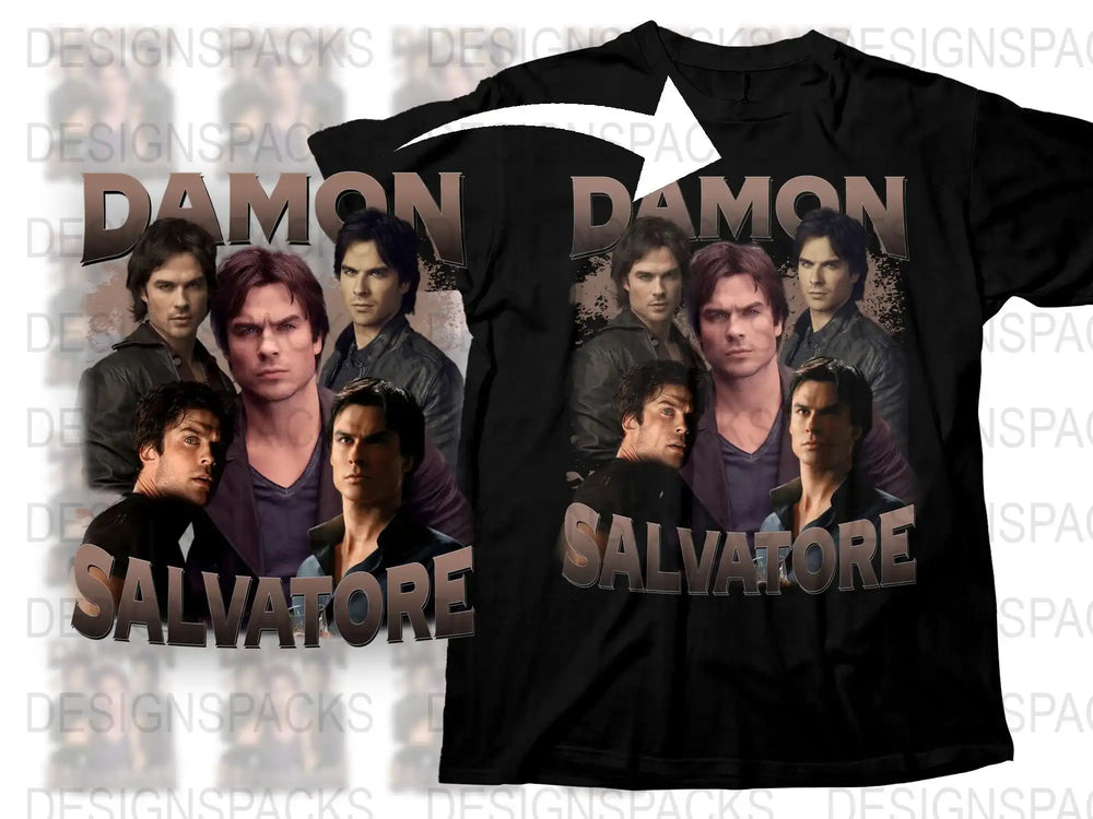 Damon Salvatore TV Show Fan T-Shirt, Multiple Poses Graphic Tee, Unisex Black Cotton Shirt