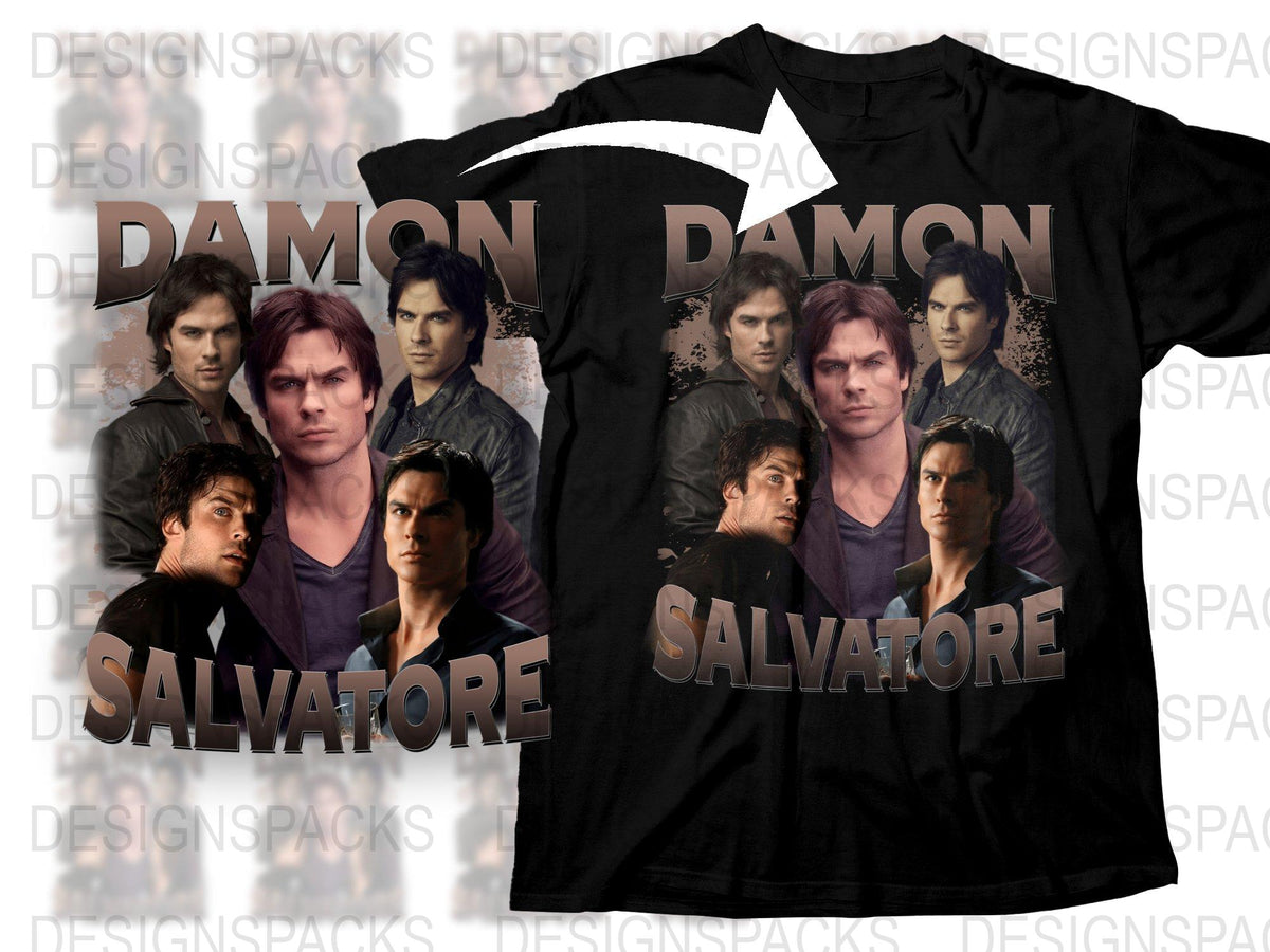 Damon Salvatore TV Show Fan T-Shirt, Multiple Poses Graphic Tee, Unisex Black Cotton Shirt