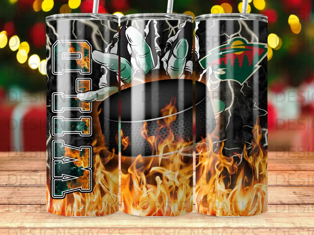 Minnesota Wild hockey team logo and text on a flaming tumbler.