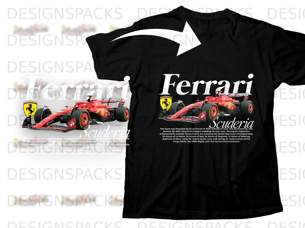 Ferrari Scuderia men's t-shirt with team logo and historical text.