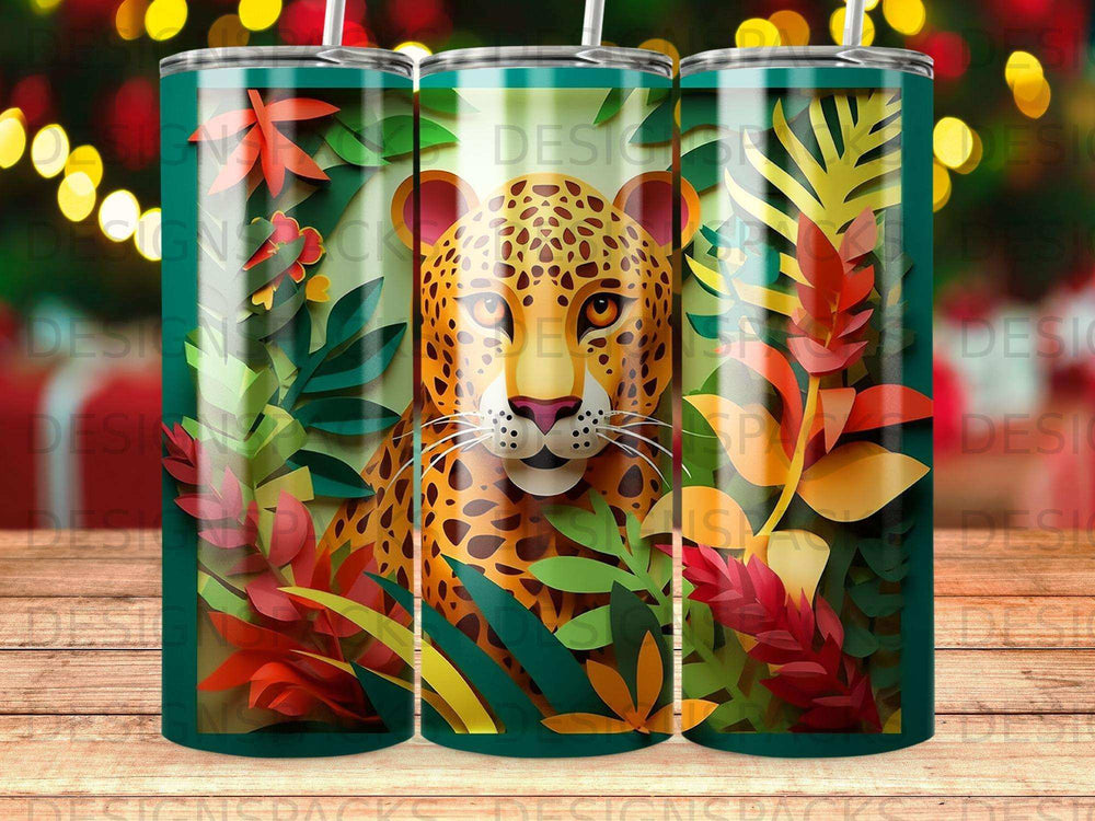 Leopard surrounded by colorful jungle foliage, printed on three tumblers.