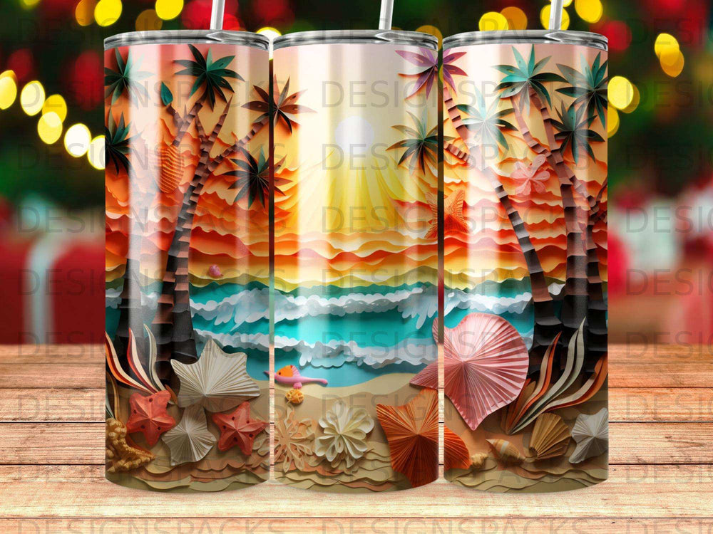 Beach scene with palm trees, ocean, and seashells on a tumbler.