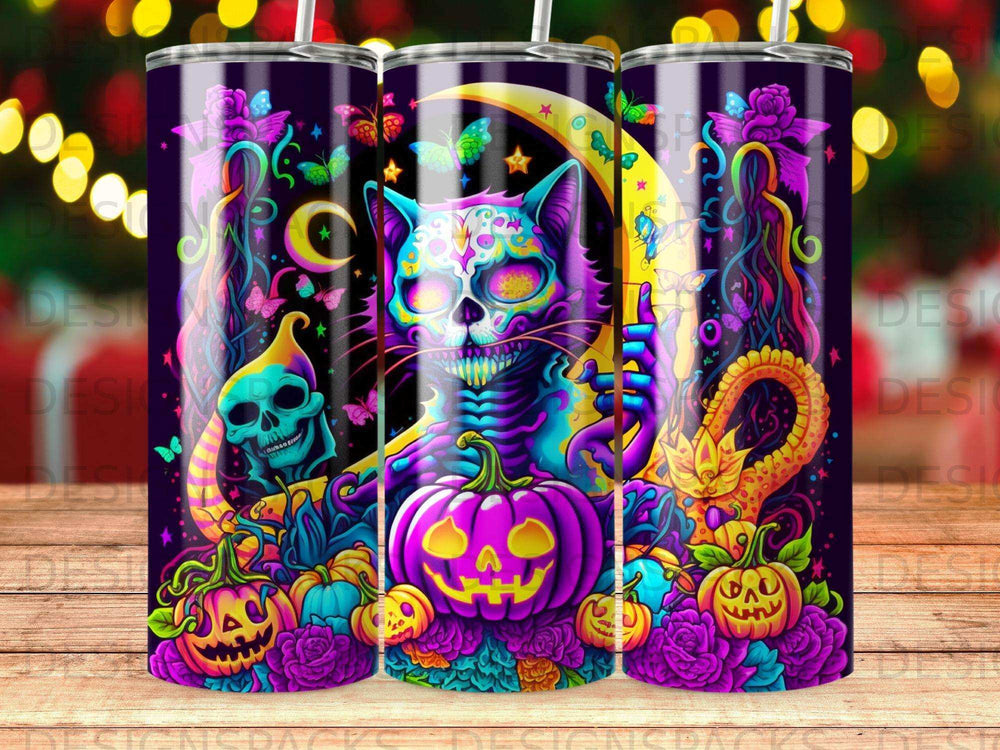 Cat skull with pumpkins, moons, and butterflies on a purple background.