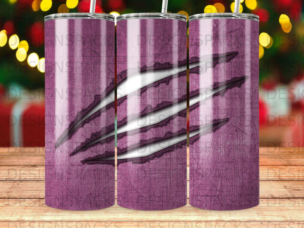 Purple tumbler with claw marks revealing a textured background.