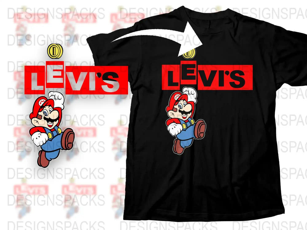 Vintage-Inspired Mario Levi's Parody T-Shirt, Classic Video Game Graphic Tee, Unisex Black Cotton Shirt