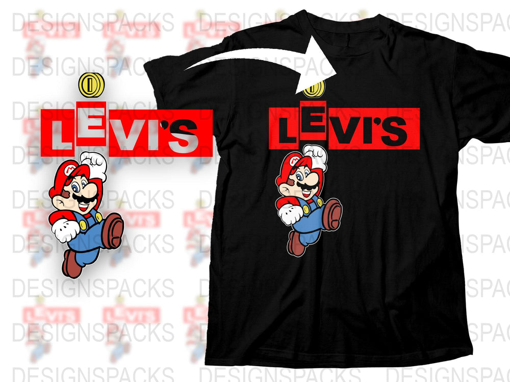 Vintage-Inspired Mario Levi's Parody T-Shirt, Classic Video Game Graphic Tee, Unisex Black Cotton Shirt