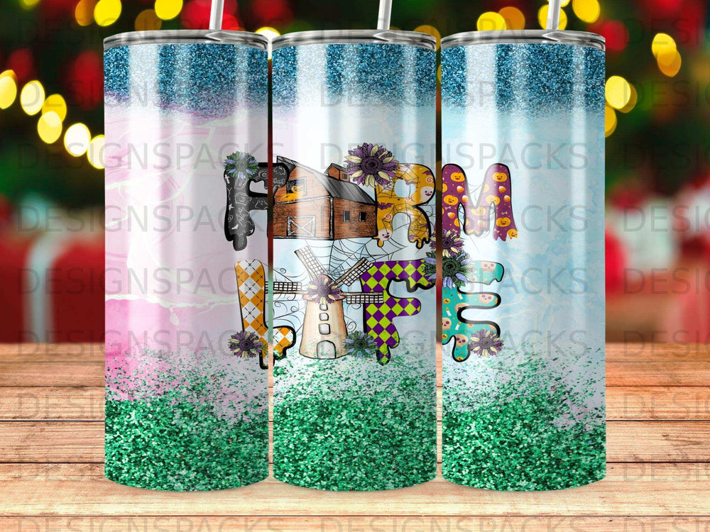 Three tumblers with farmhouse and glitter designs, reading "Farm Fresh."