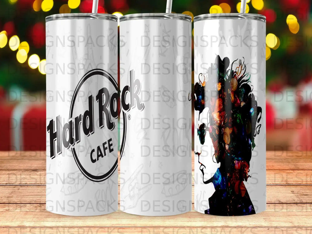 Hard Rock Cafe tumbler with a woman's silhouette against a colorful background.
