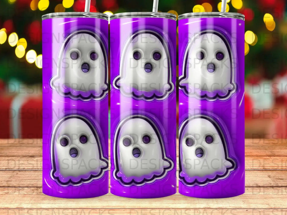 Three purple tumblers featuring cartoon ghosts with wide eyes and open mouths.