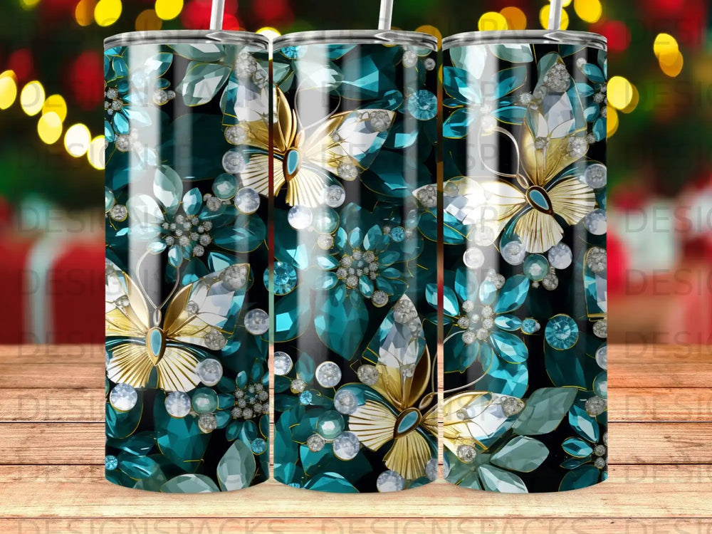 Gold and white butterflies with teal gem flowers on a dark background.
