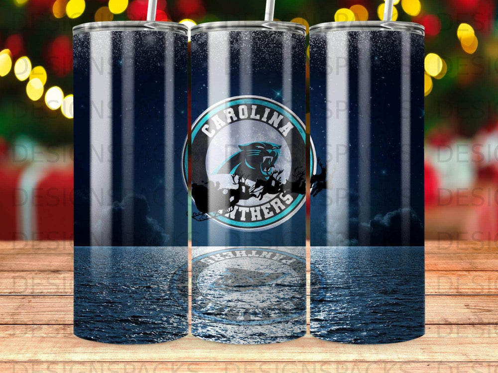 Carolina Panthers logo on a starry background reflecting in water.