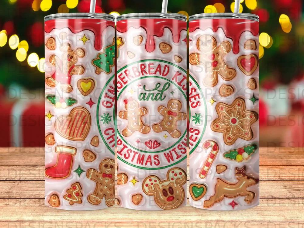 Gingerbread cookies and candy canes with "Gingerbread Kisses Christmas Wishes" text.