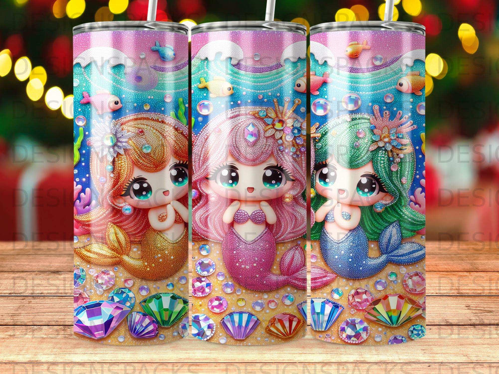Three cartoon mermaids with colorful tails and shells on a sandy seabed.