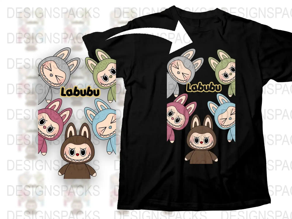 Cute Rabbit Cartoon T-Shirt, Funny Animal Faces Tee, Unisex Kids and Adult Sizes, Black Casual Apparel