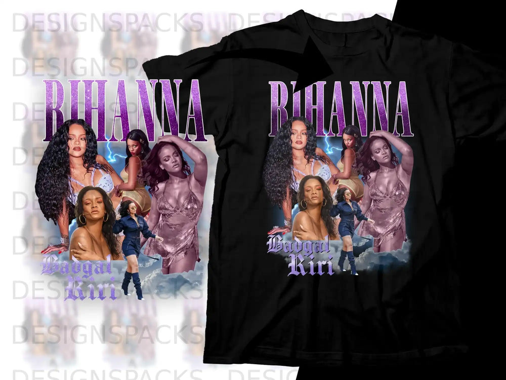 Rihanna graphic t-shirt with vintage-style collage and text.