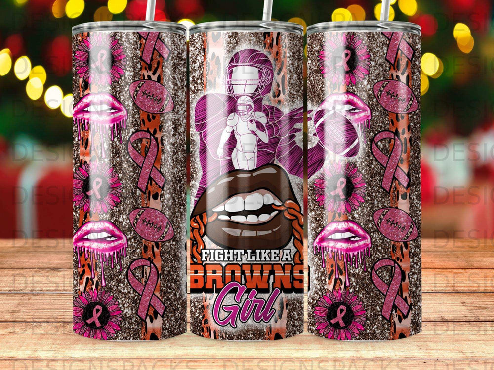 Tumbler featuring a football player, leopard print, lips, and pink ribbon designs.