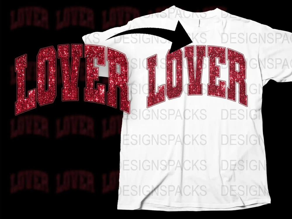 Sparkly Red Lover Text Graphic T-Shirt, Unisex Glitter Print Tee, Stylish Casual Wear, Fashionable Party Outfit, Gift Idea