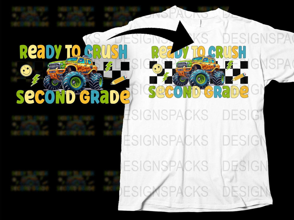 Boys Monster Truck T-Shirt, Ready to Crush Second Grade, Kids School Tee, Colorful Graphic Print, Back to School Outfit