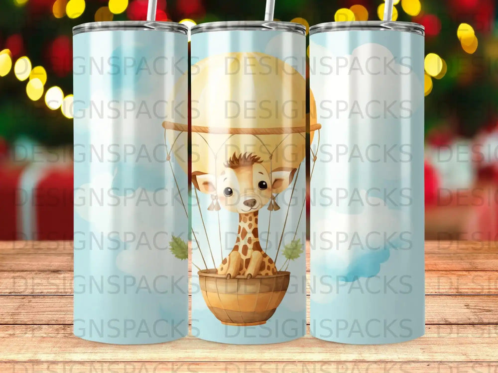 Giraffe in hot air balloon with clouds and "DESIGNSPACKS" watermark.