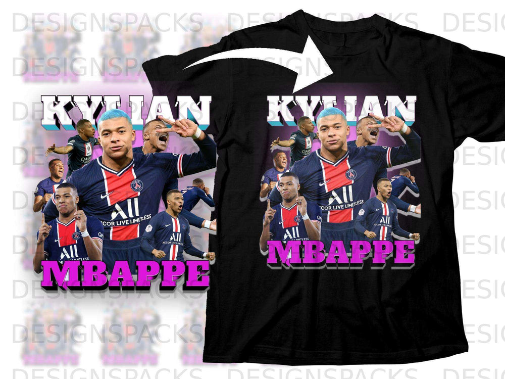 Kylian Mbappé in Paris Saint-Germain uniform on a black t-shirt.