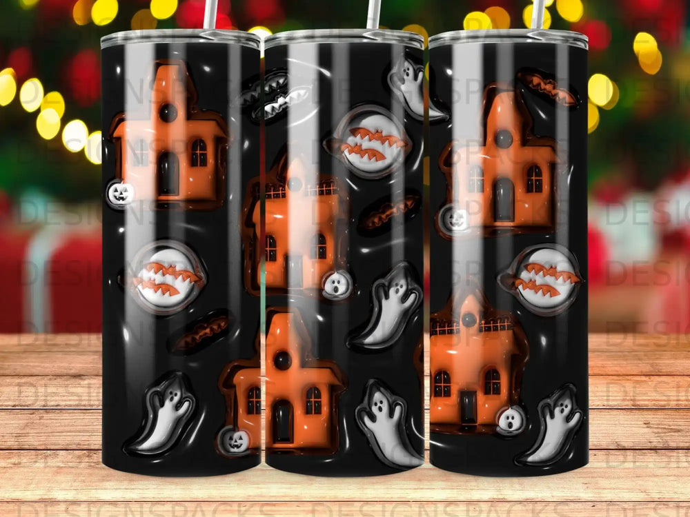 Halloween tumbler with orange haunted house, ghosts, and pumpkins.