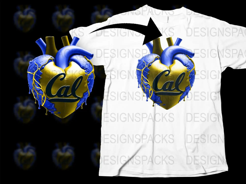 Cal Heart Graphic T-Shirt, Blue and Gold Anatomical Heart, Novelty California Tee, Unique Apparel Design, Gift for Californians