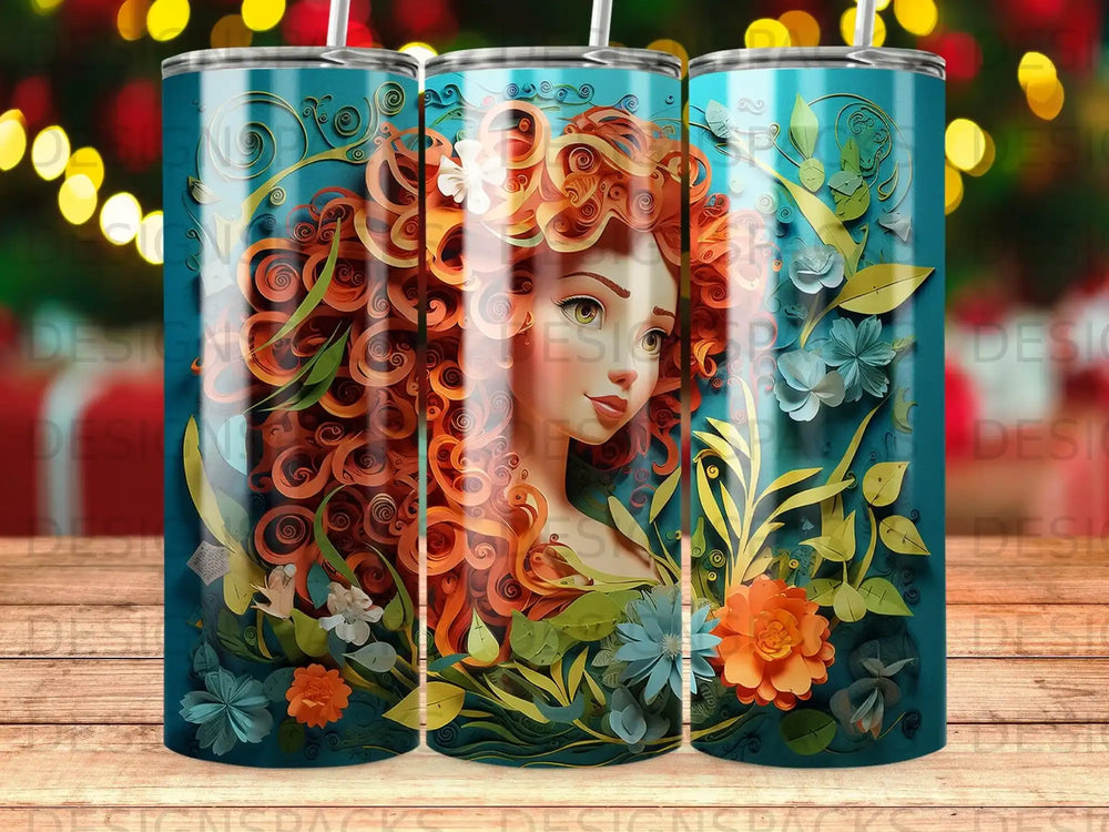 Red-haired woman with floral elements and blue background.