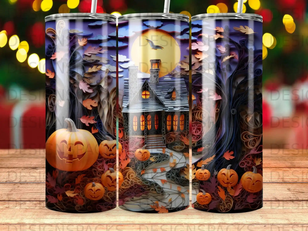 Halloween tumbler with haunted house, pumpkins, and spooky trees.