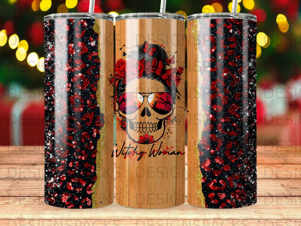 Skull with sunglasses and roses, labeled "Witchy Woman," on a glittery tumbler.